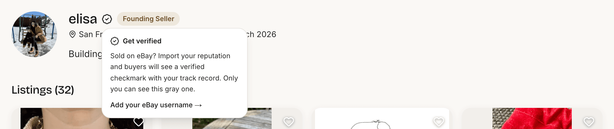The gray outline checkmark sellers see on their own shop page, with a card explaining how to get verified
