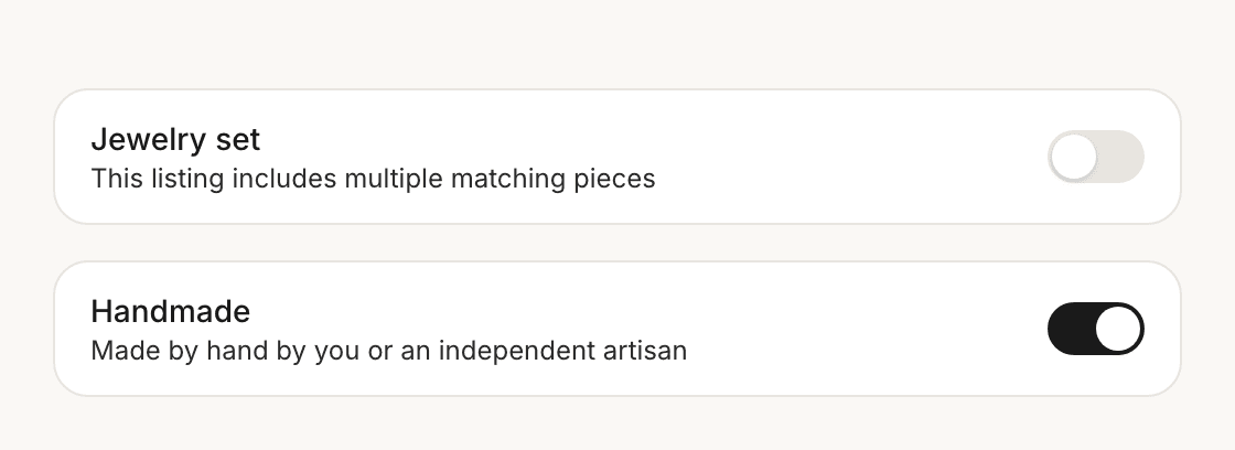 The Handmade toggle in the StillSparkly listing form, switched on, sitting just below the Jewelry set toggle