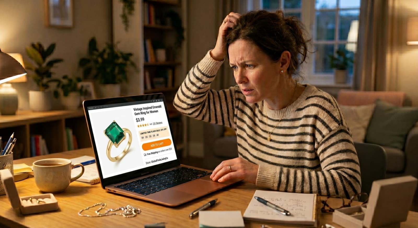 A shopper frowning at a suspicious $3.99 gemstone ring listing on her laptop
