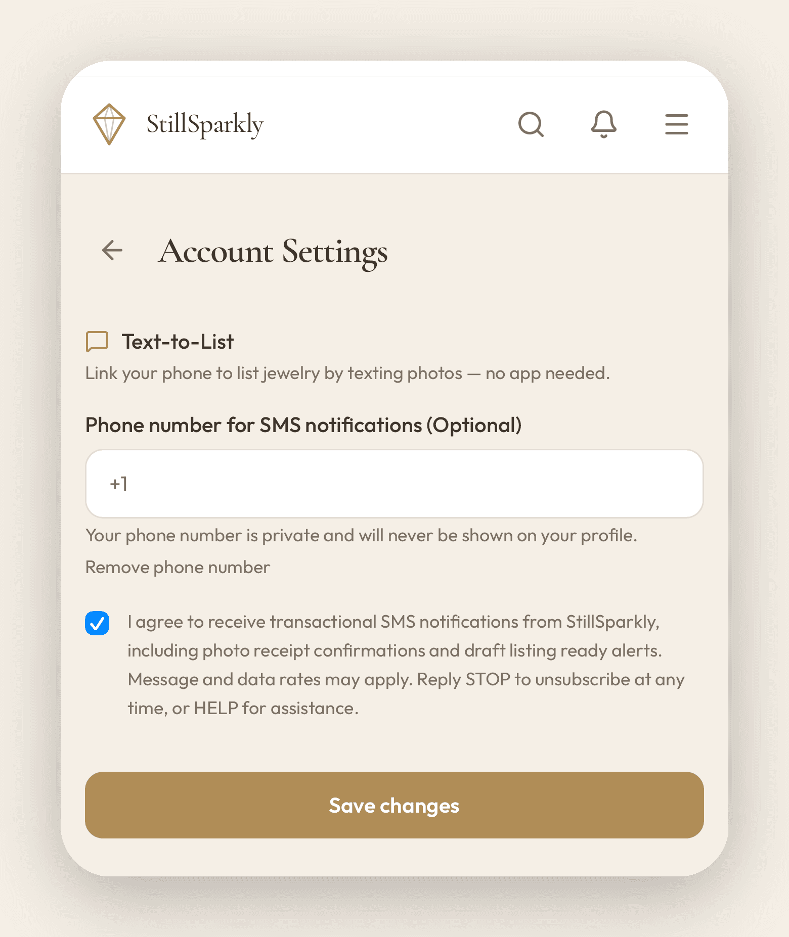 Text-to-List setup screen with phone number input, SMS consent checkbox, and Save changes button