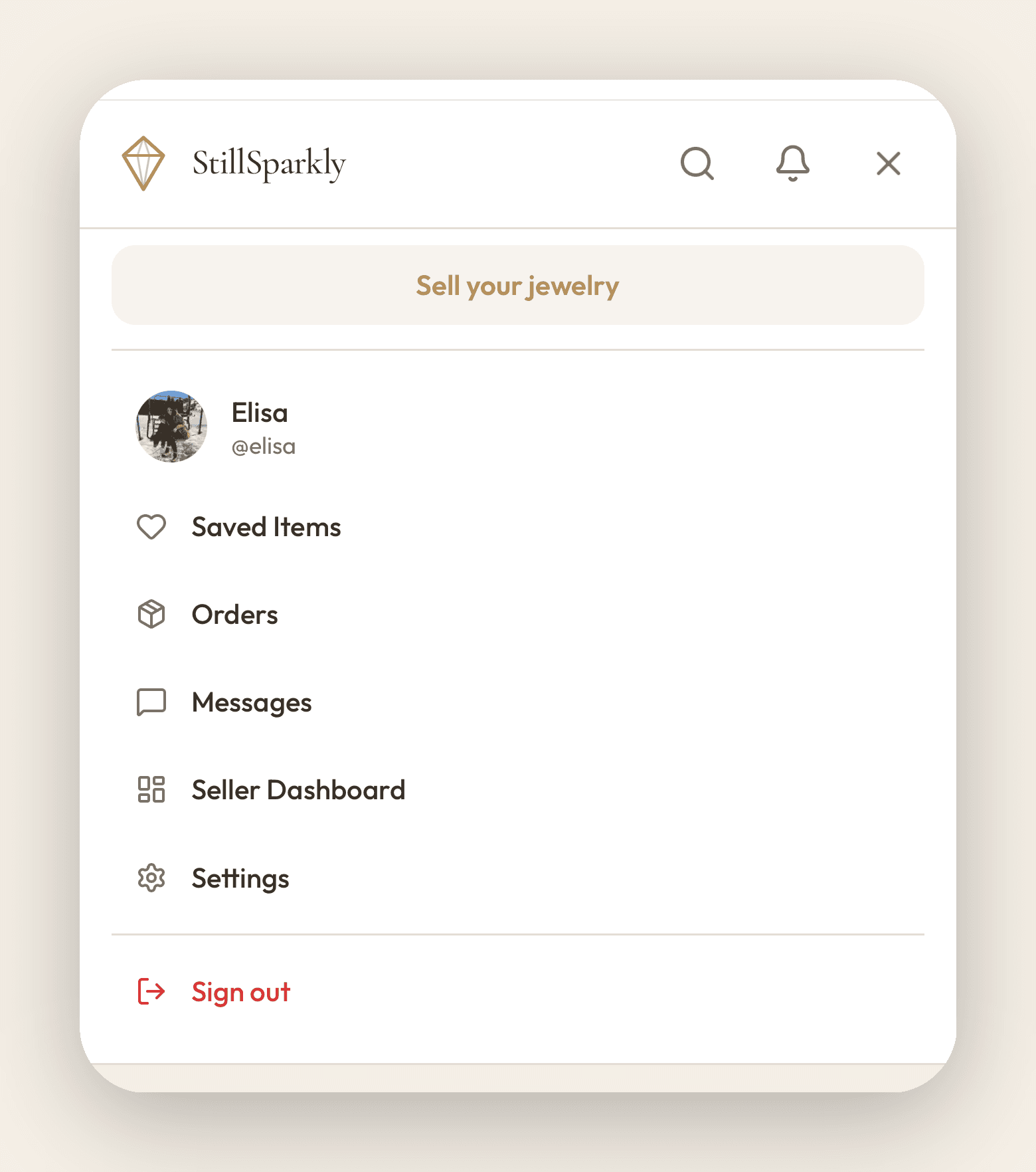 StillSparkly side menu with Settings highlighted among the navigation options