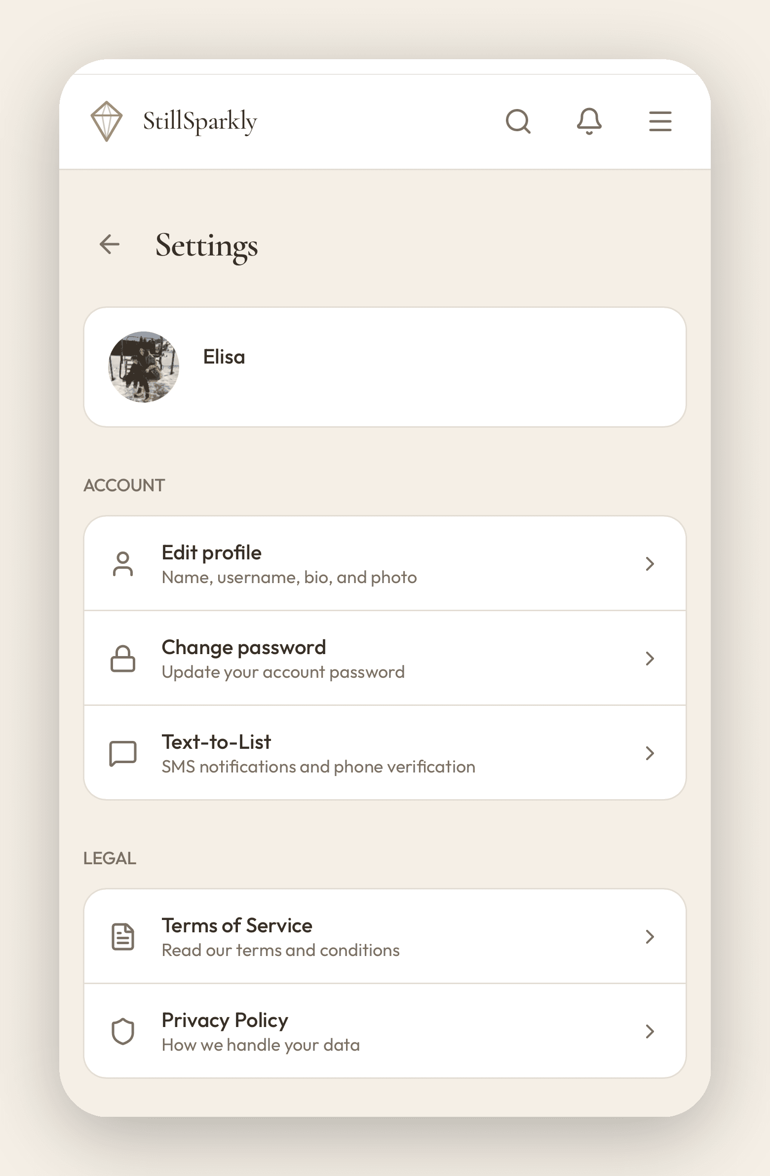 StillSparkly Settings page showing the Account section with Edit profile, Change password, and Text-to-List rows