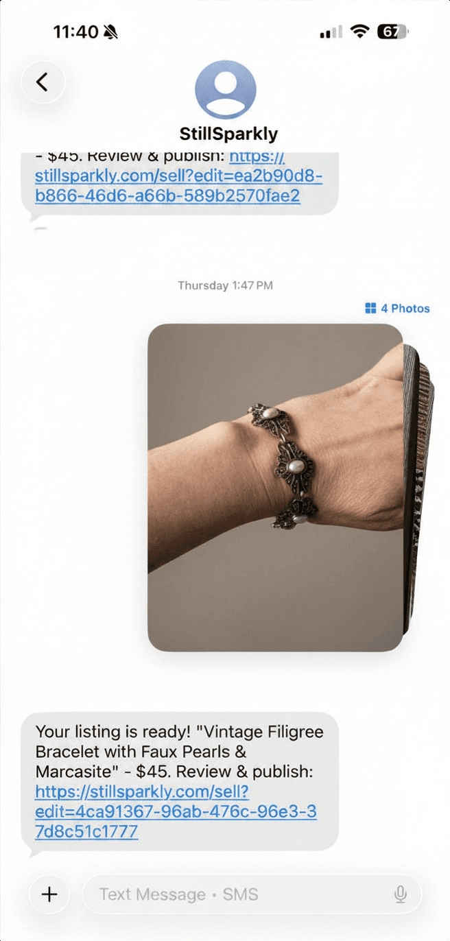 iPhone Messages thread showing the StillSparkly reply with a generated listing title, price, and review-and-publish link
