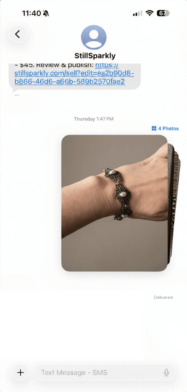 iPhone Messages thread showing four photos of a vintage filigree bracelet sent to StillSparkly