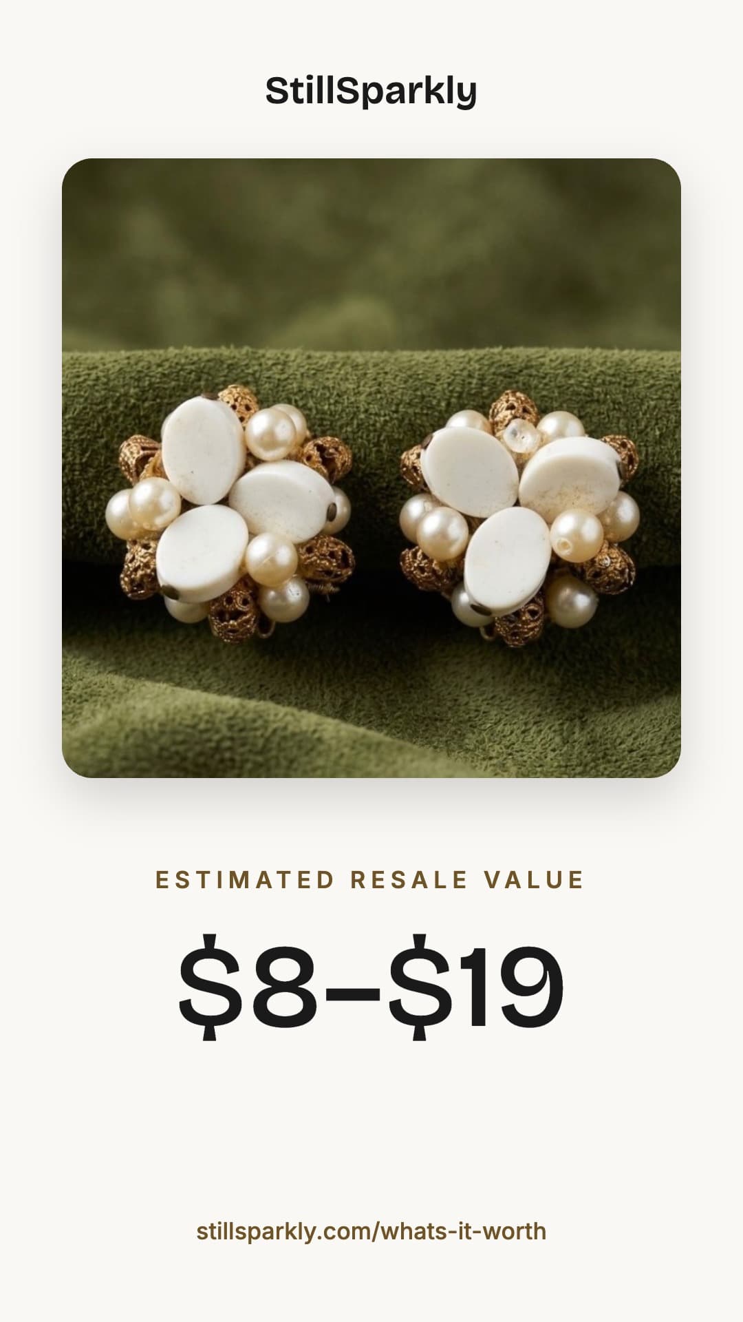 A StillSparkly share card showing vintage faux pearl cluster clip-on earrings with an estimated resale value of $8 to $19