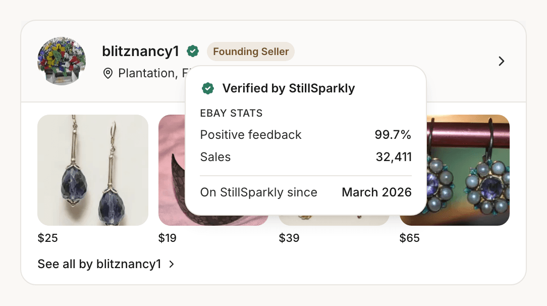 A StillSparkly seller card showing a verified checkmark, with a card open listing 99.7% positive feedback and 32,411 eBay sales