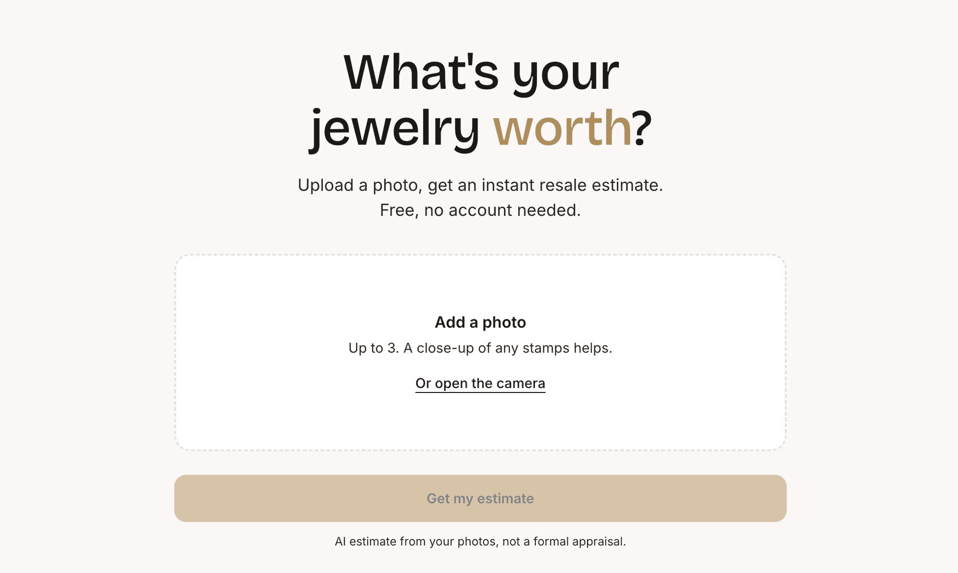 The What's It Worth page: a headline reading What's your jewelry worth, a photo upload box, and a Get my estimate button