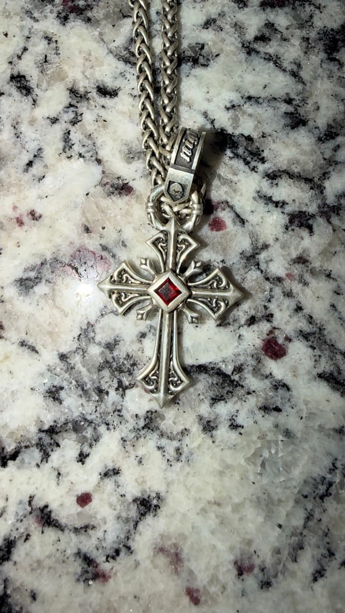 Sterling Silver Cross Pendant Necklace, Red Stone