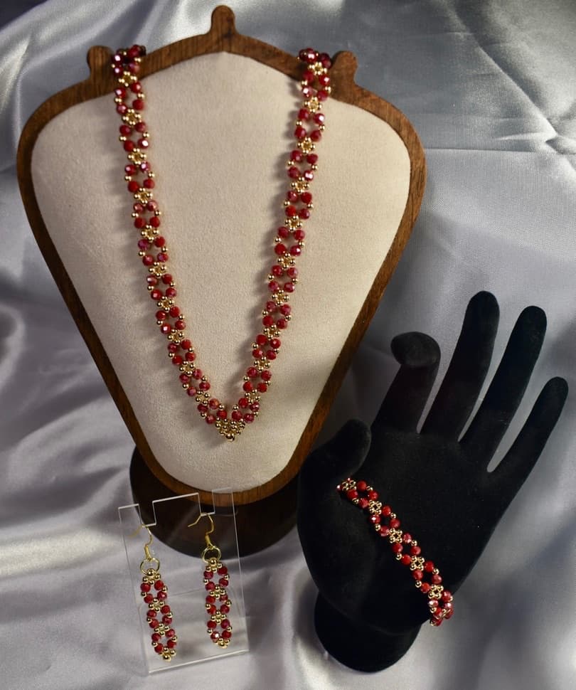 Handmade: Cherry Red Beaded Necklace, Earrings, and Bracelet set with 14 k Gold Plated Brass Accents