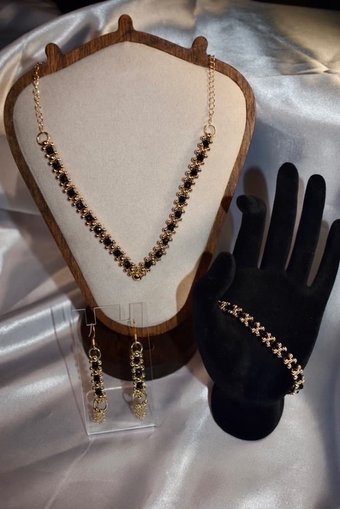 Handmade: Black Beaded Necklace, Bracelet and Earrings Set with 14 k Gold Plated Brass Accents