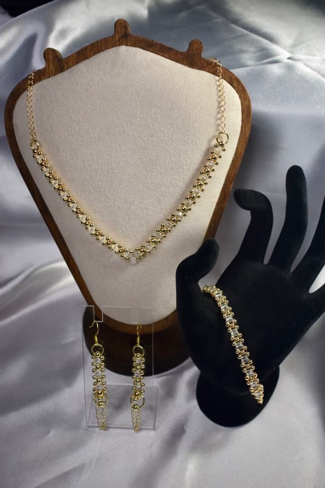 Handmade: Crystal Clear Beaded Necklace, Bracelet and Earrings Set with 14 k Gold Plated Brass Accents