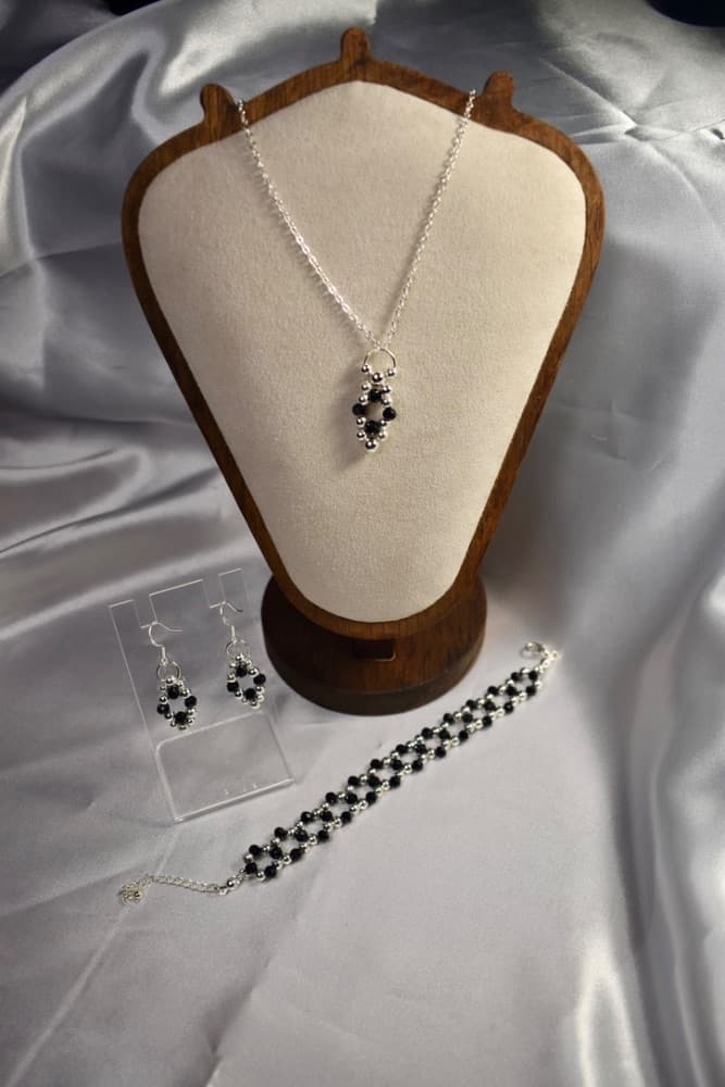 Handmade: Black Beaded Necklace, Earrings and Bracelet Set with 925 Sterling Silver Plated Brass Accents