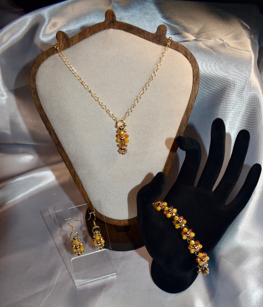Handmade: Marigold Beaded Necklace, Earrings and Bracelet Set with 14k Gold Plated Brass Accents