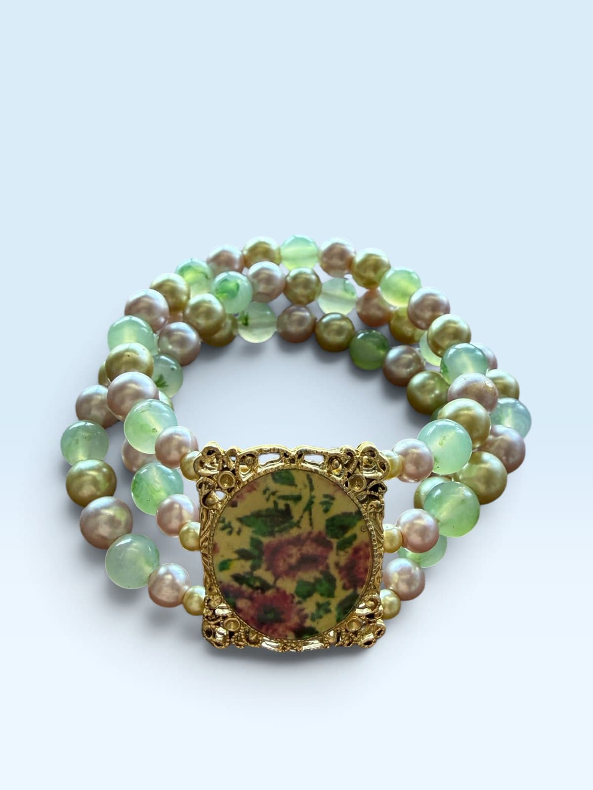 Vintage Multi-Strand Faux Pearl & Green Bead Bracelet