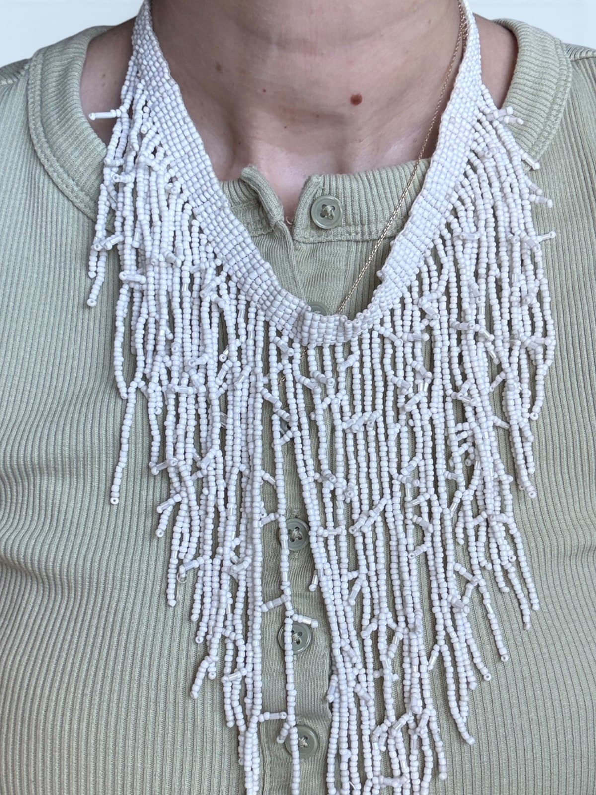 White Seed Bead Fringe Bib Necklace