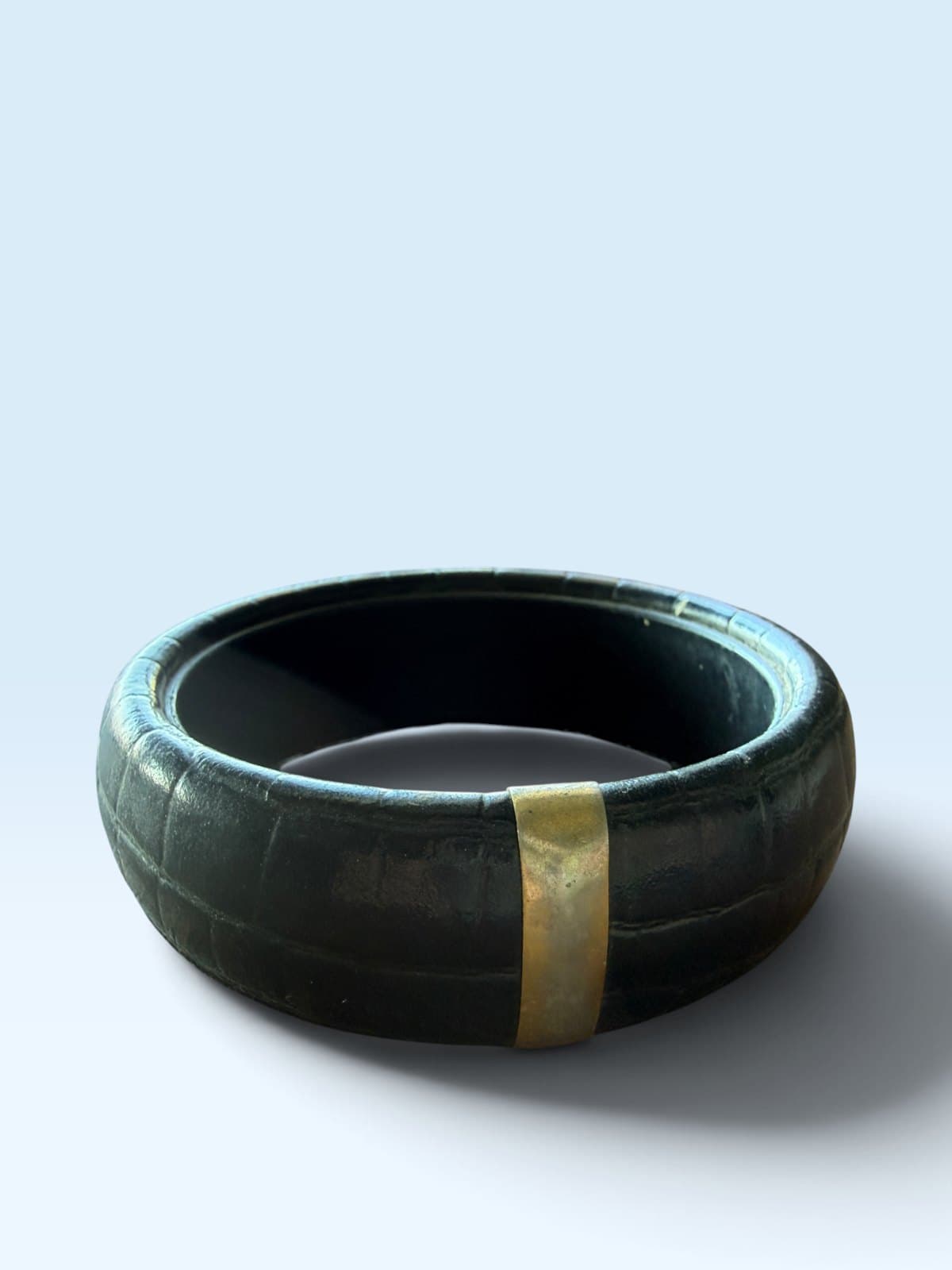 Chunky Black Croc-Embossed Bangle with Gold-tone Accent