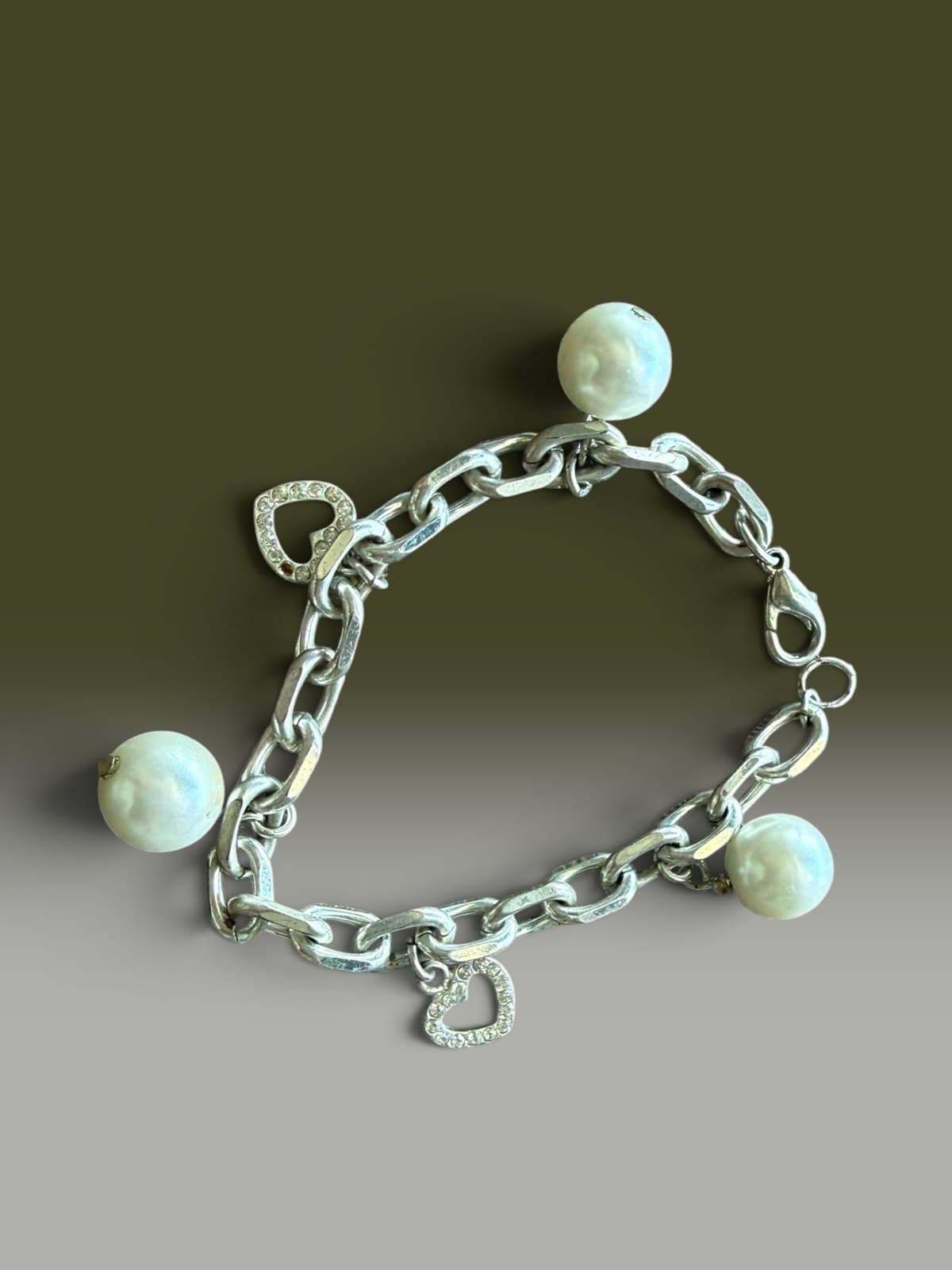 Chunky Silver-Tone Charm Bracelet with Faux Pearls