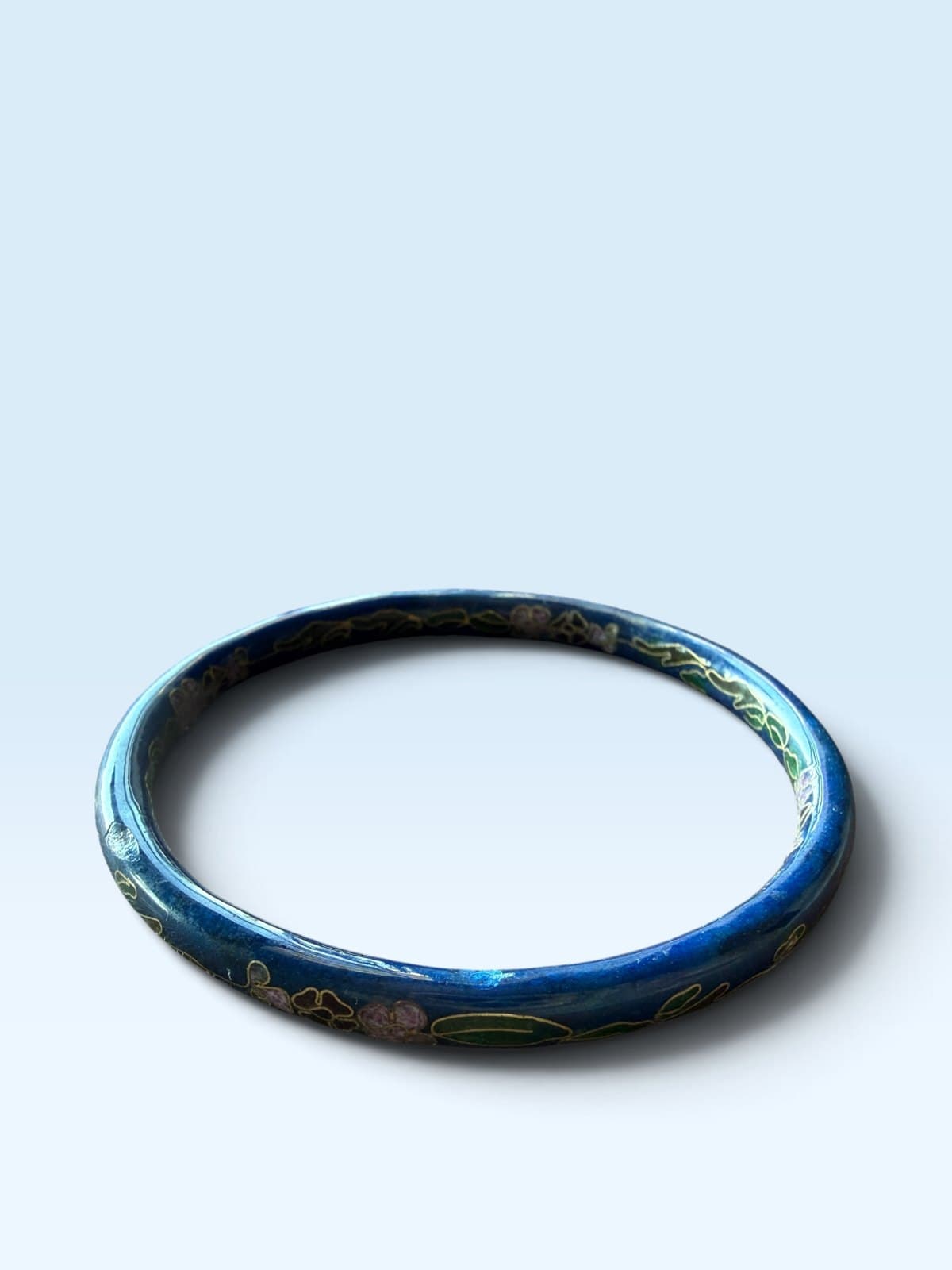 Vintage Enamel Bangle Bracelet - Dark Blue Floral
