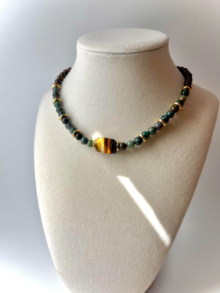 Beaded Necklace with Tiger's Eye, Indian Agate, and Gold Tones