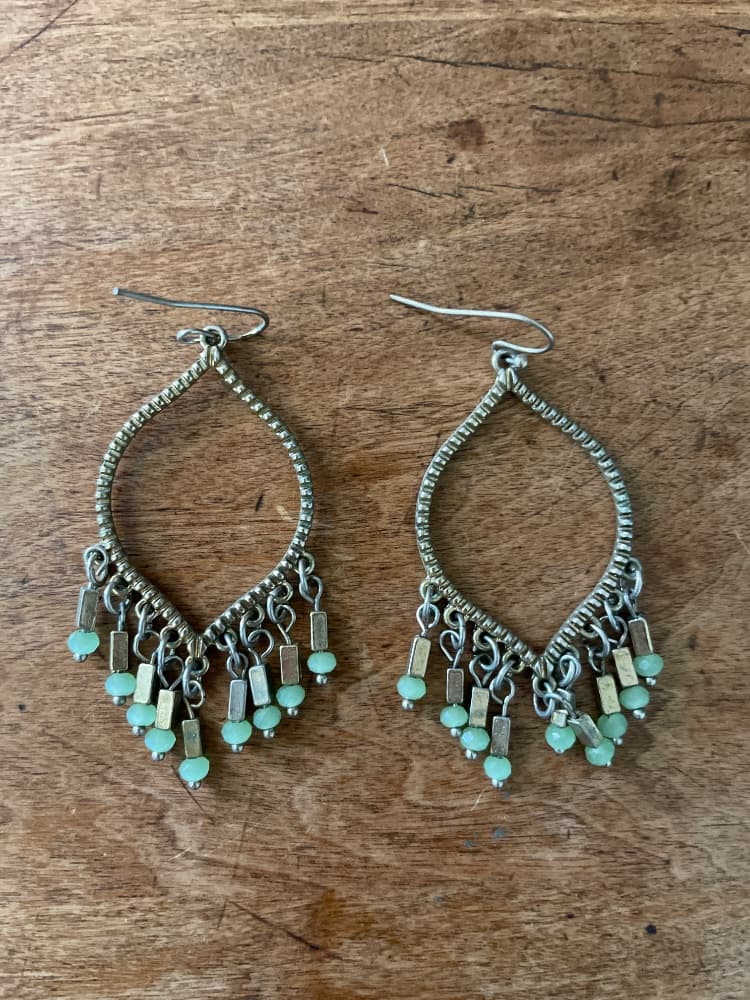 Silver Tone Dangle Earrings with Green Beads
