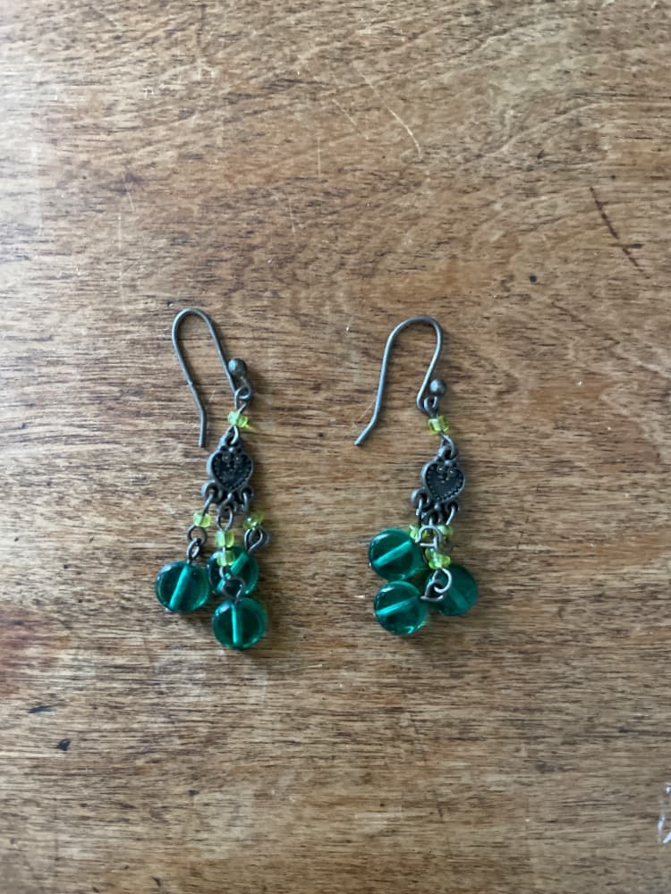 Green Glass Bead Dangle Earrings with Heart Charms