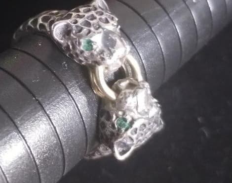 Sterling Silver Double Jaguar Head Ring, Green-Eyed