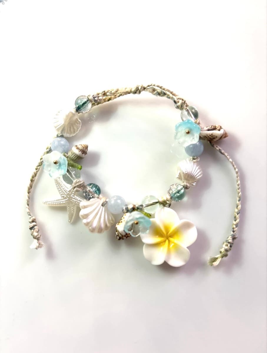 Seashell & Frangipani Charm adjustable bracelet/Anklet - Aqua Blue & White