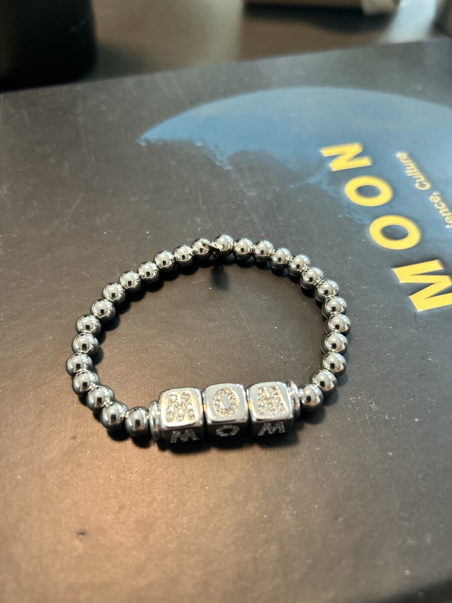 MOM Beaded Stretch Bracelet, Silver Tone