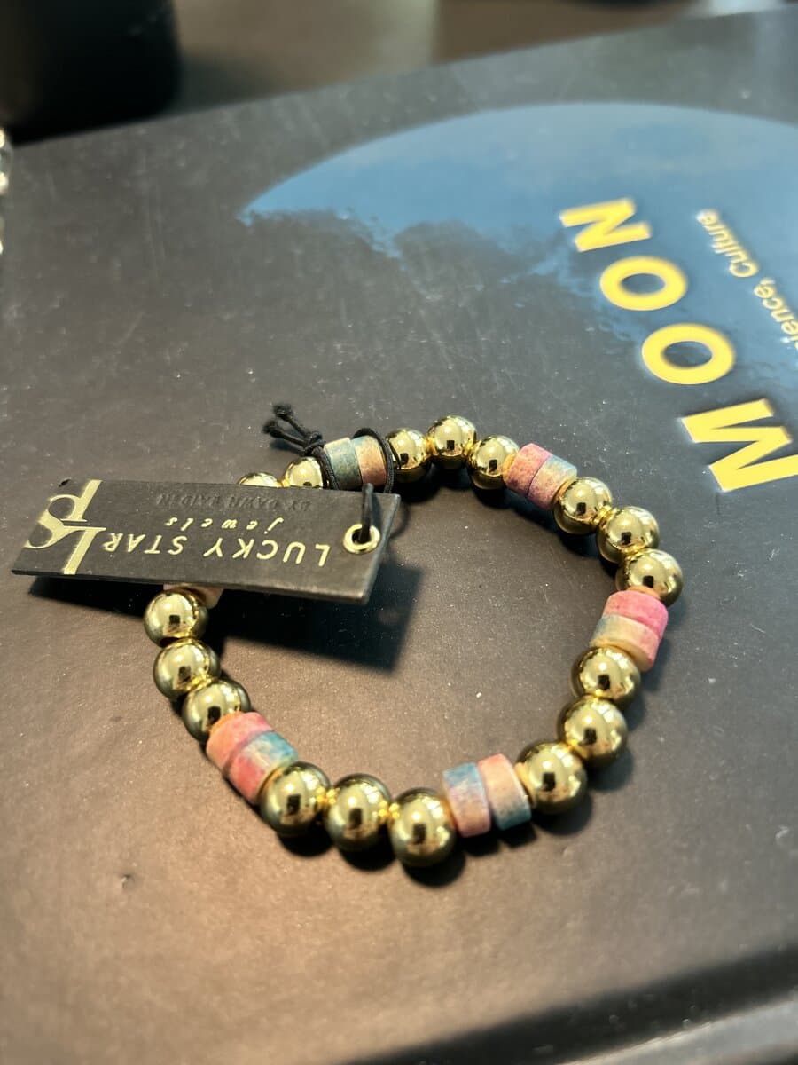 Gold Bead Stretch Bracelet with Watermelon Stones