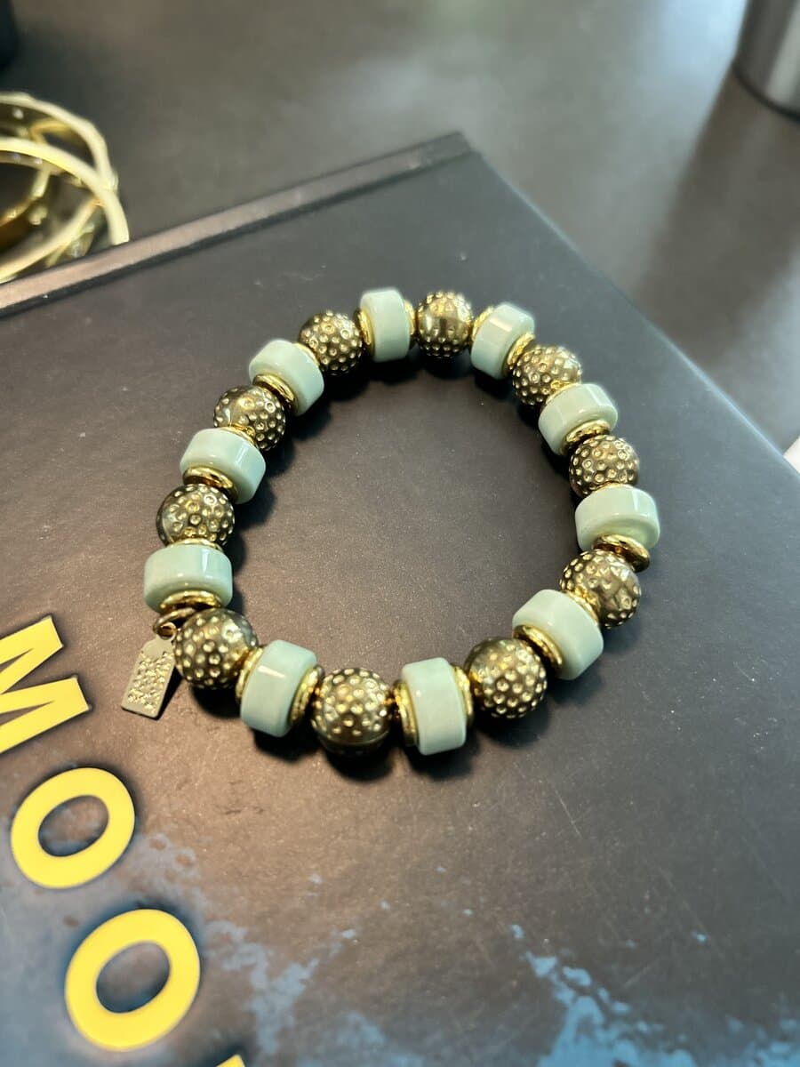 Mint Resin Tube & Gold Bead Stretch Bracelet