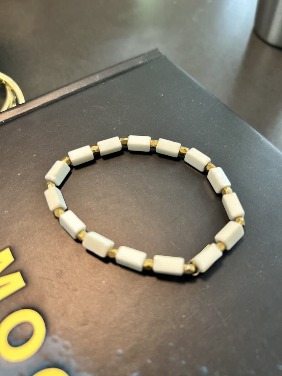 White Tile Bead Bracelet, Minimal Stretch