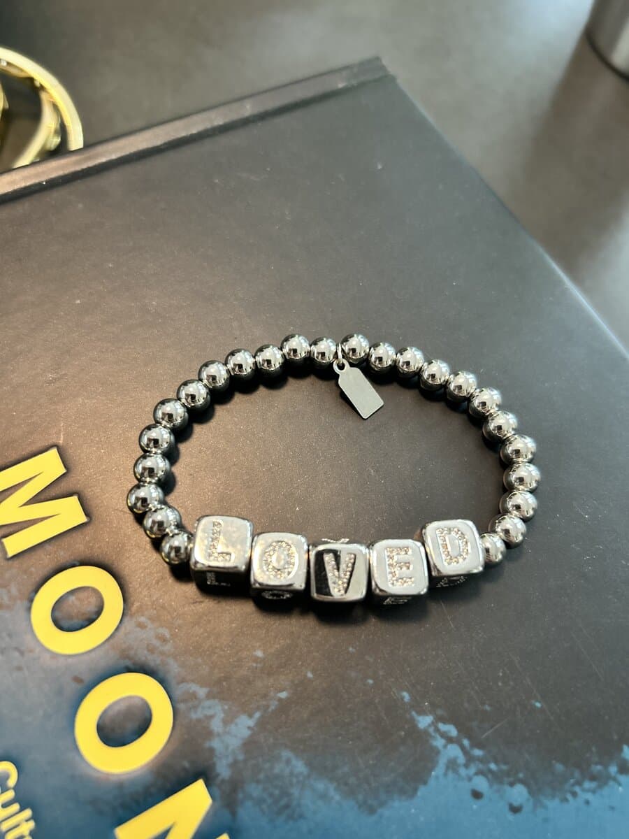 LOVED Beaded Stretch Bracelet, Silver Tone