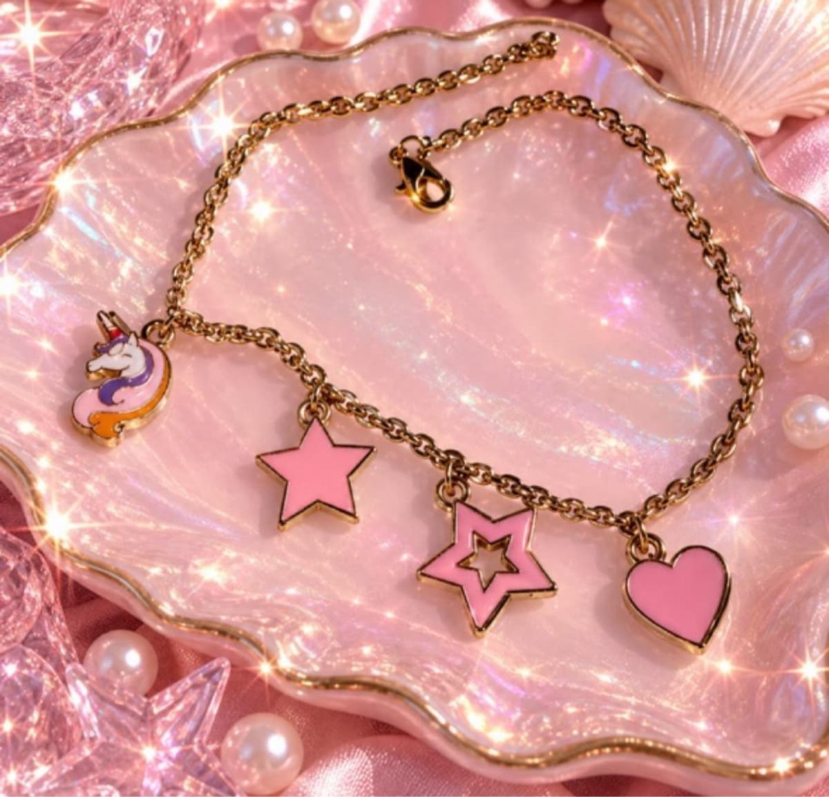 Gold Tone Unicorn and Star Charm Bracelet
