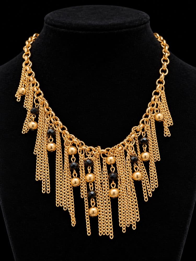 Gold Tone Fringe Necklace with Black Beads