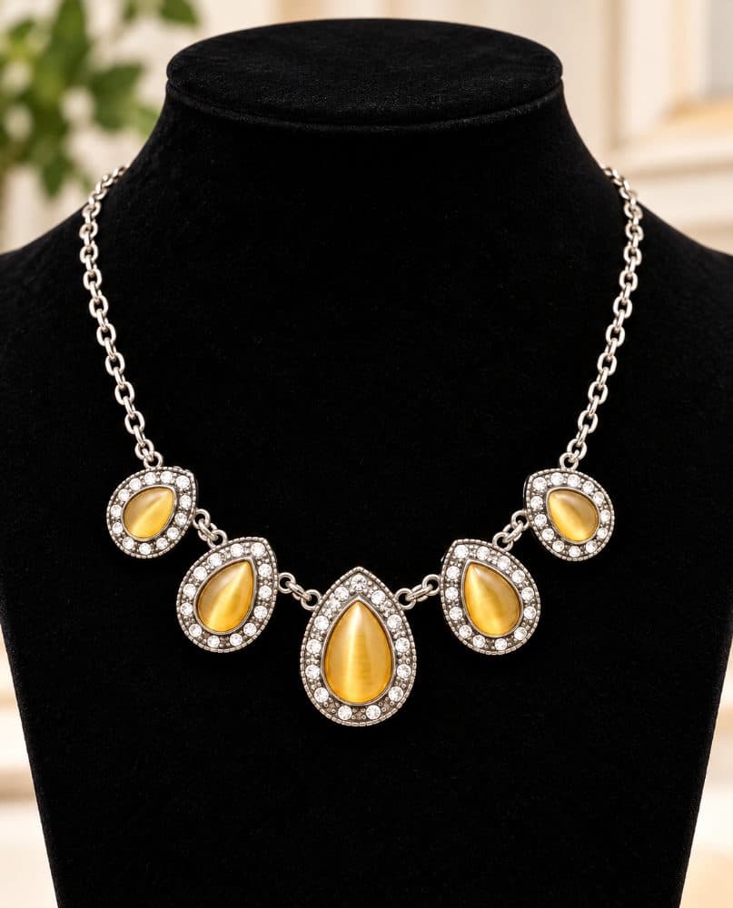 Faux Cat's Eye Teardrop Statement Necklace - Silver Tone