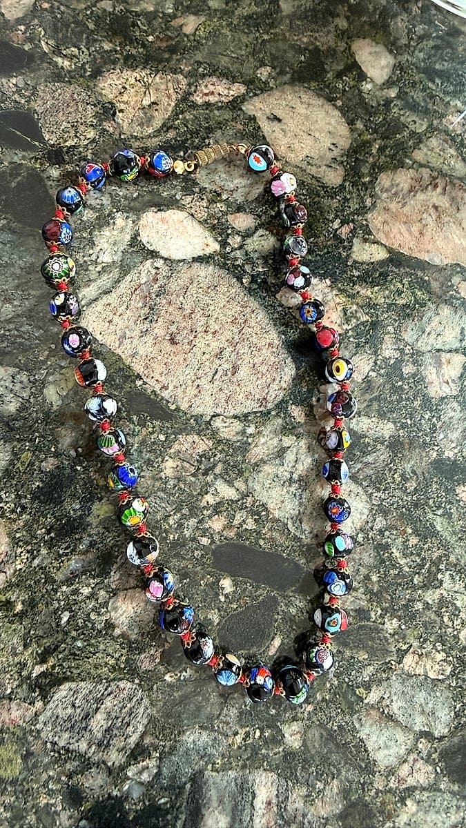 Millefiori Glass Bead Necklace with Gold Tone Clasp