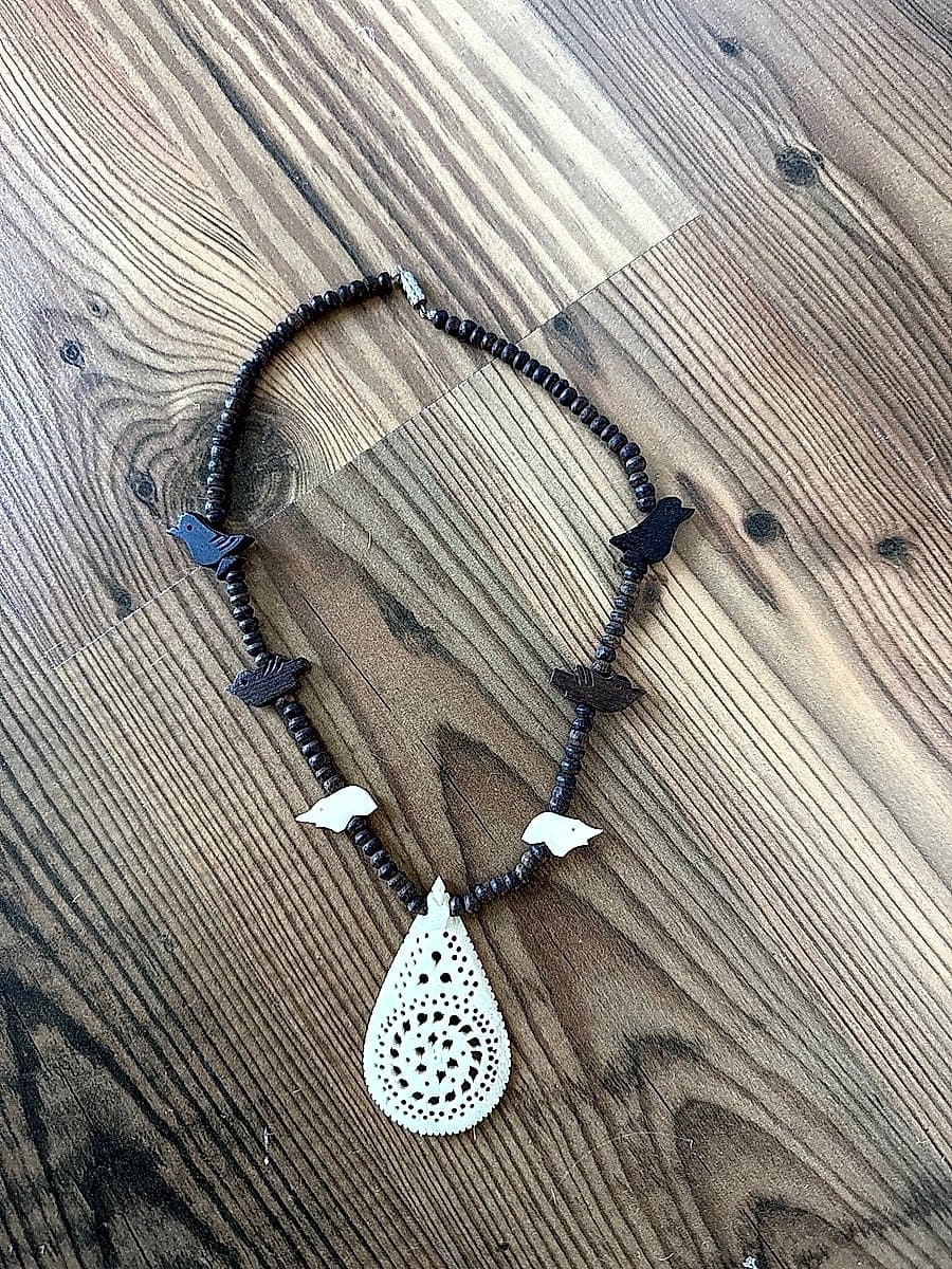 Bohemian Bird Pendant Necklace with Wood Beads