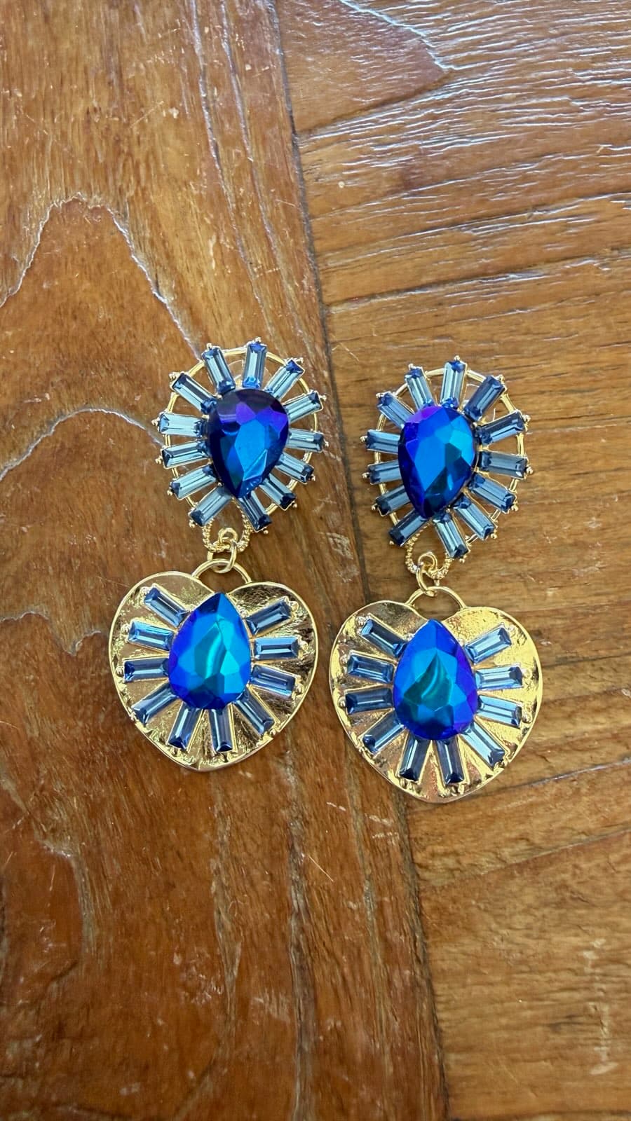 Heart & Sunburst Blue Crystal Dangle Earrings Gold Tone