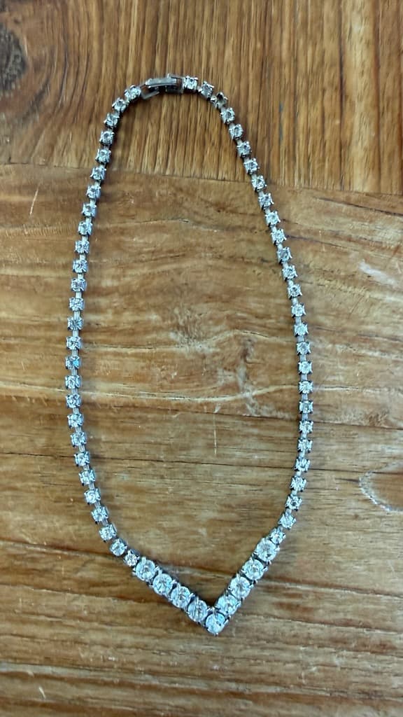 Rhinestone Tennis Necklace, Silver Tone V-Shaped Pendant