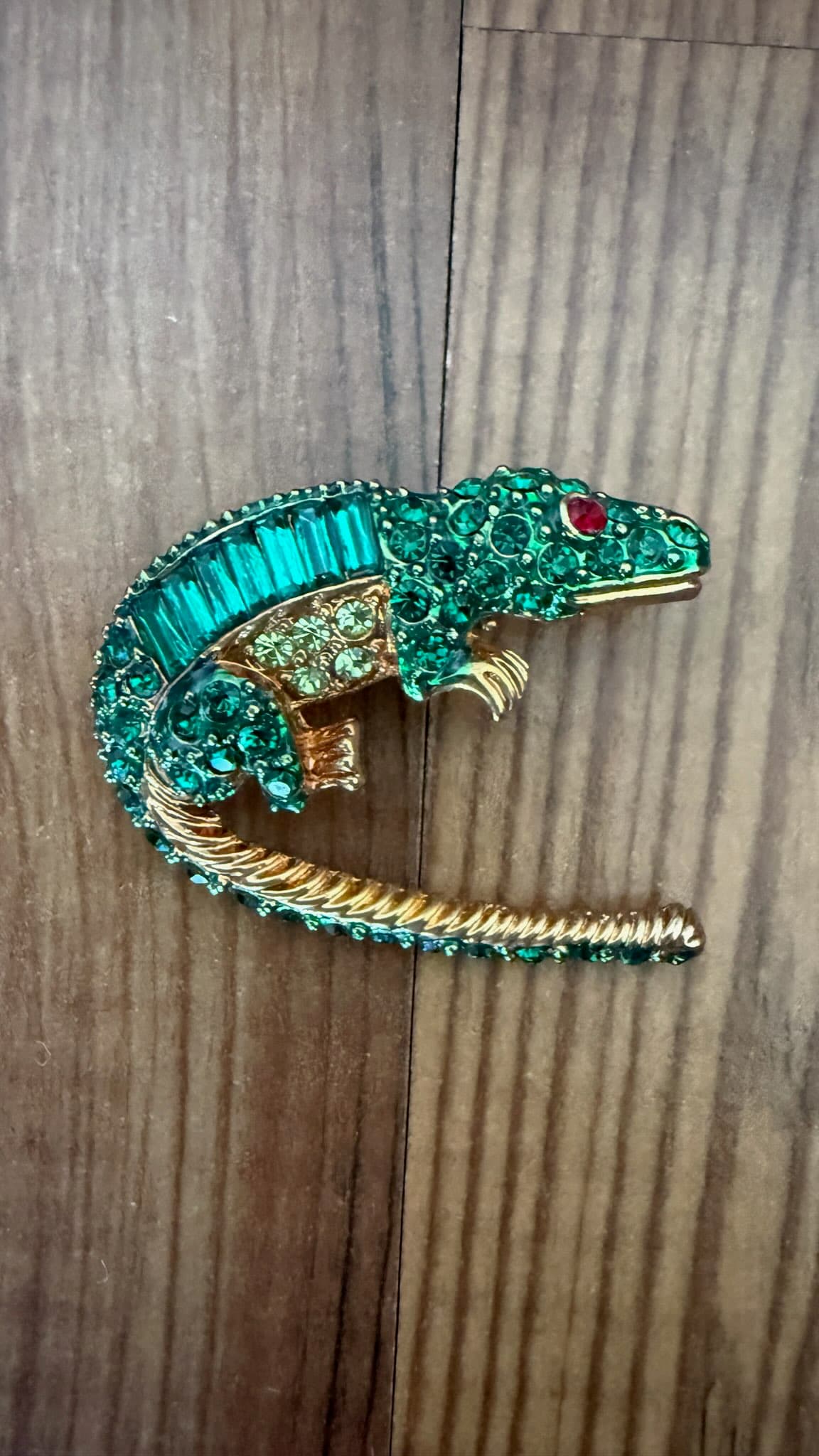 Alligator Brooch with Green & Red Rhinestones, Gold Tone