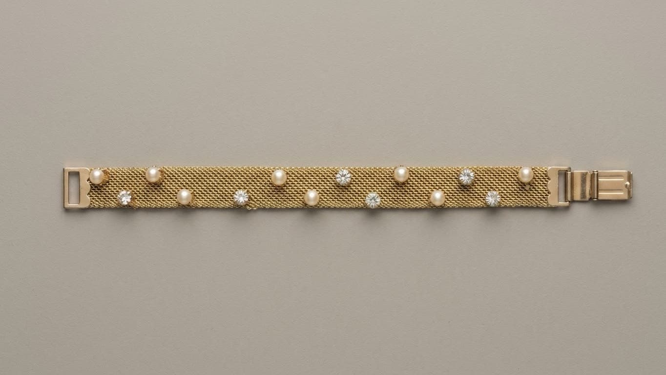 Vintage Mesh Bracelet with Pearls and CZs, Gold Tone