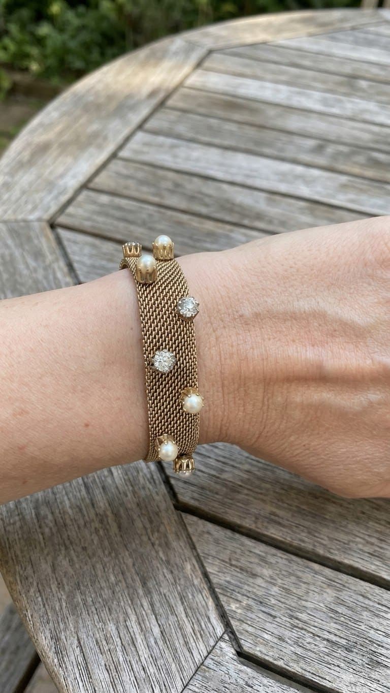 Vintage Mesh Bracelet with Pearls and CZs, Gold Tone