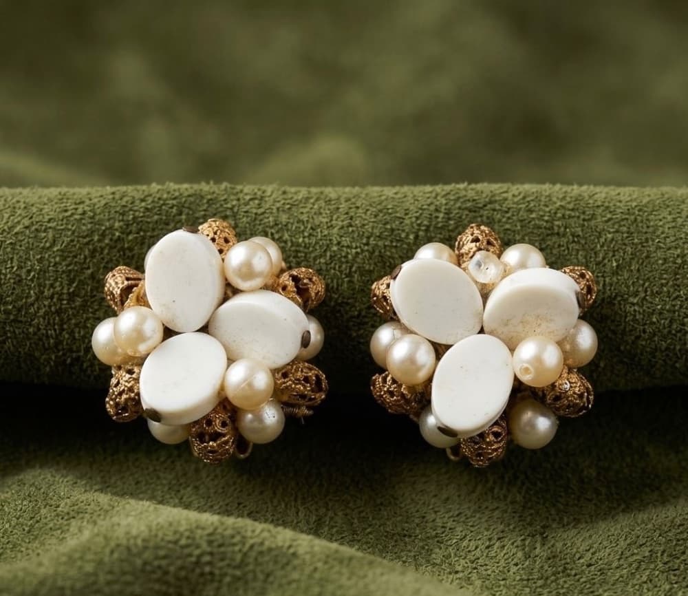 Vintage Mid-Century Pearl & White Cabochon Clip Earrings
