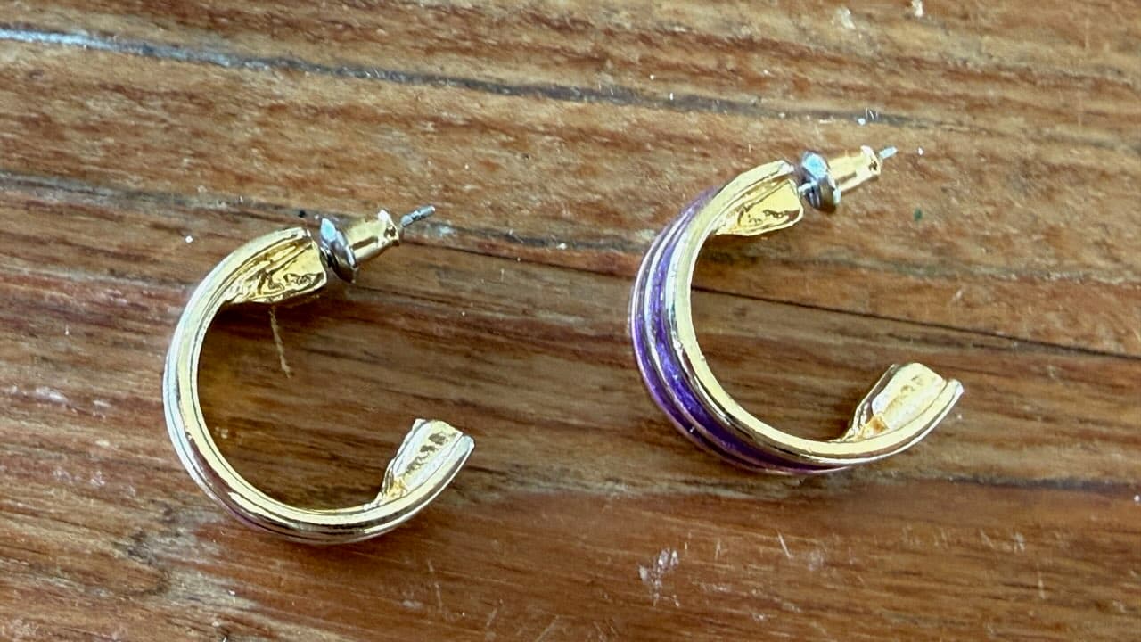 Gold Tone Wide Hoop Earrings with Purple Enamel Stripes
