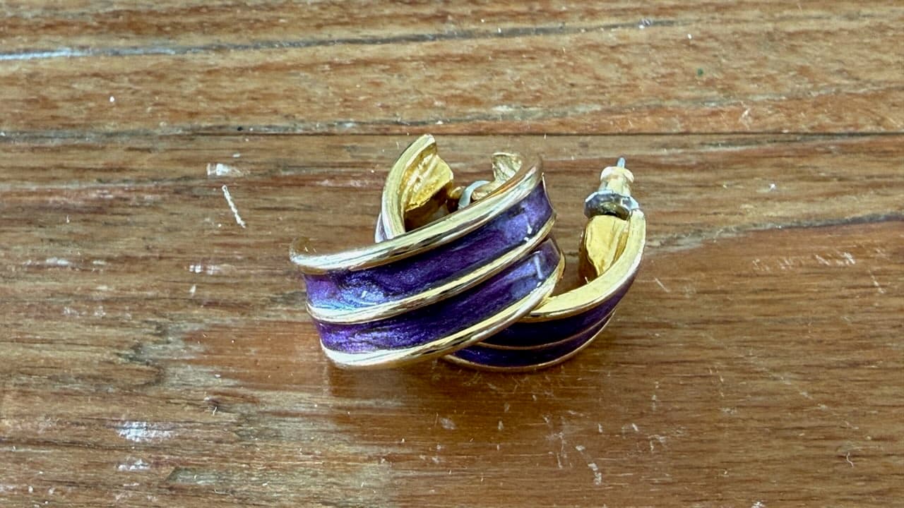 Gold Tone Wide Hoop Earrings with Purple Enamel Stripes