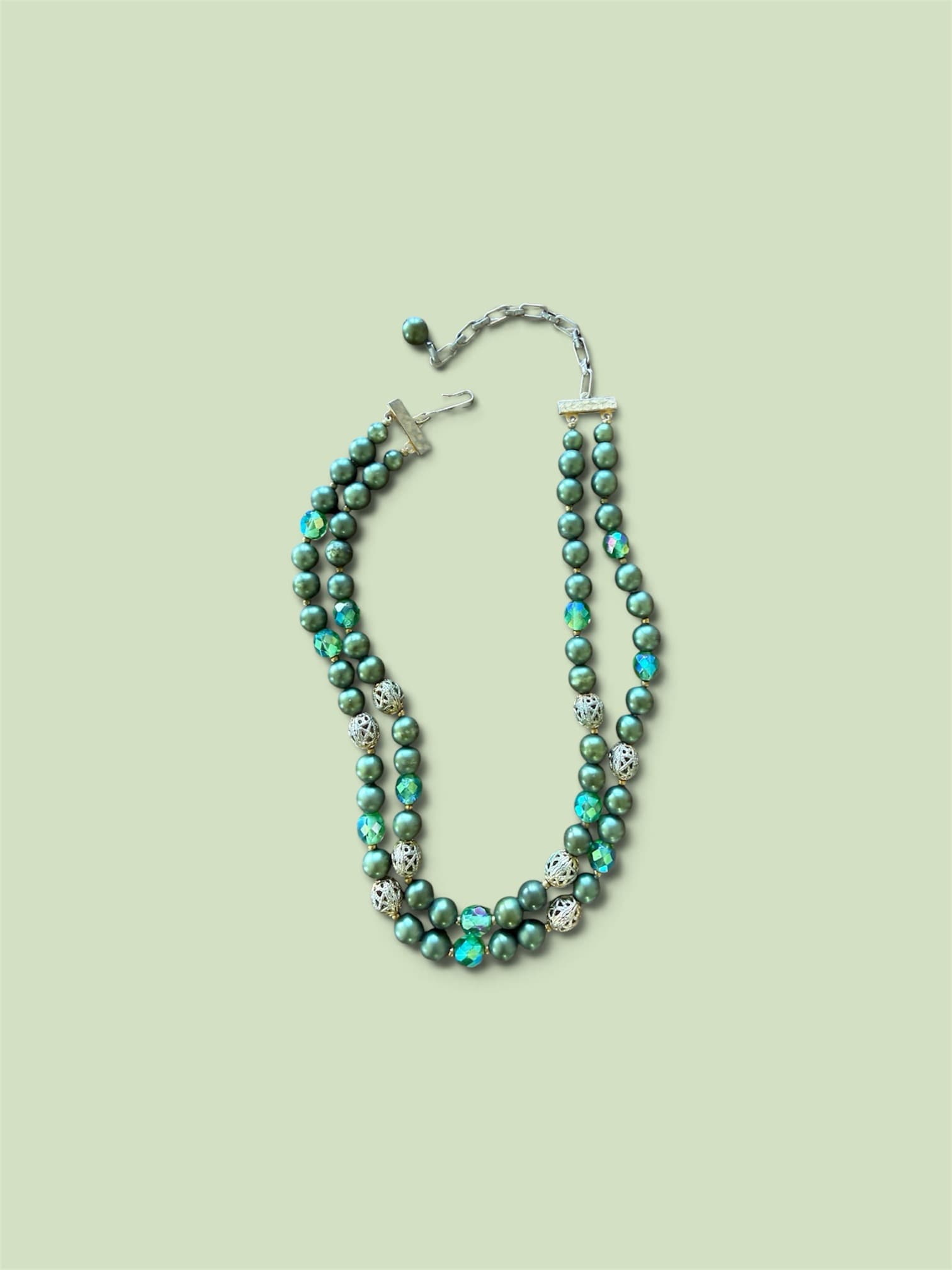 Vintage Double Strand Green Pearl & Crystal Choker Necklace