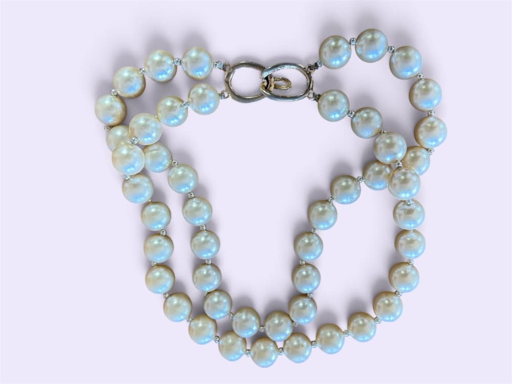 Double Strand Faux Pearl Necklace with Gold Knot Clasp