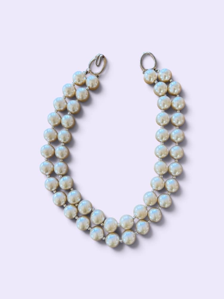Double Strand Faux Pearl Necklace with Gold Knot Clasp