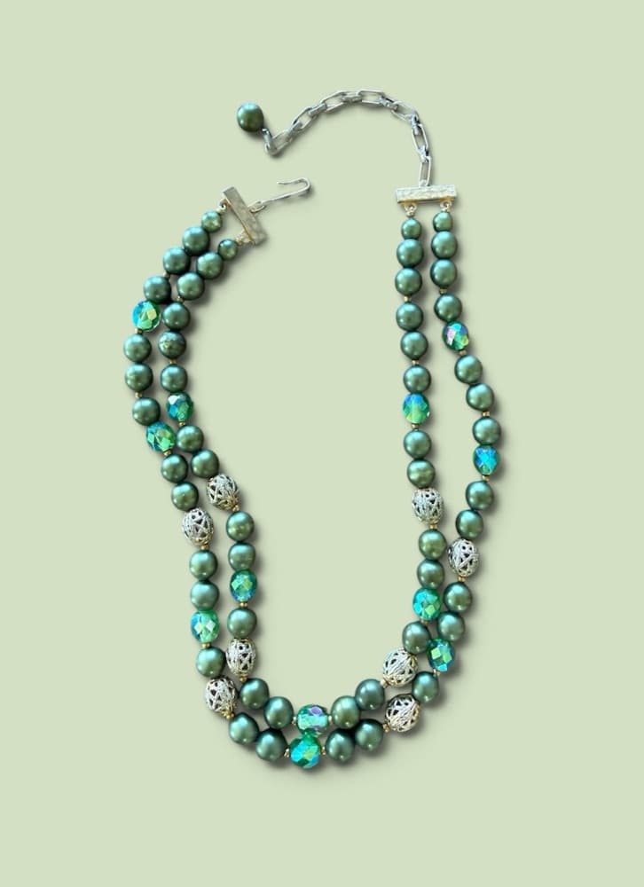 Vintage Double Strand Green Pearl & Crystal Choker Necklace