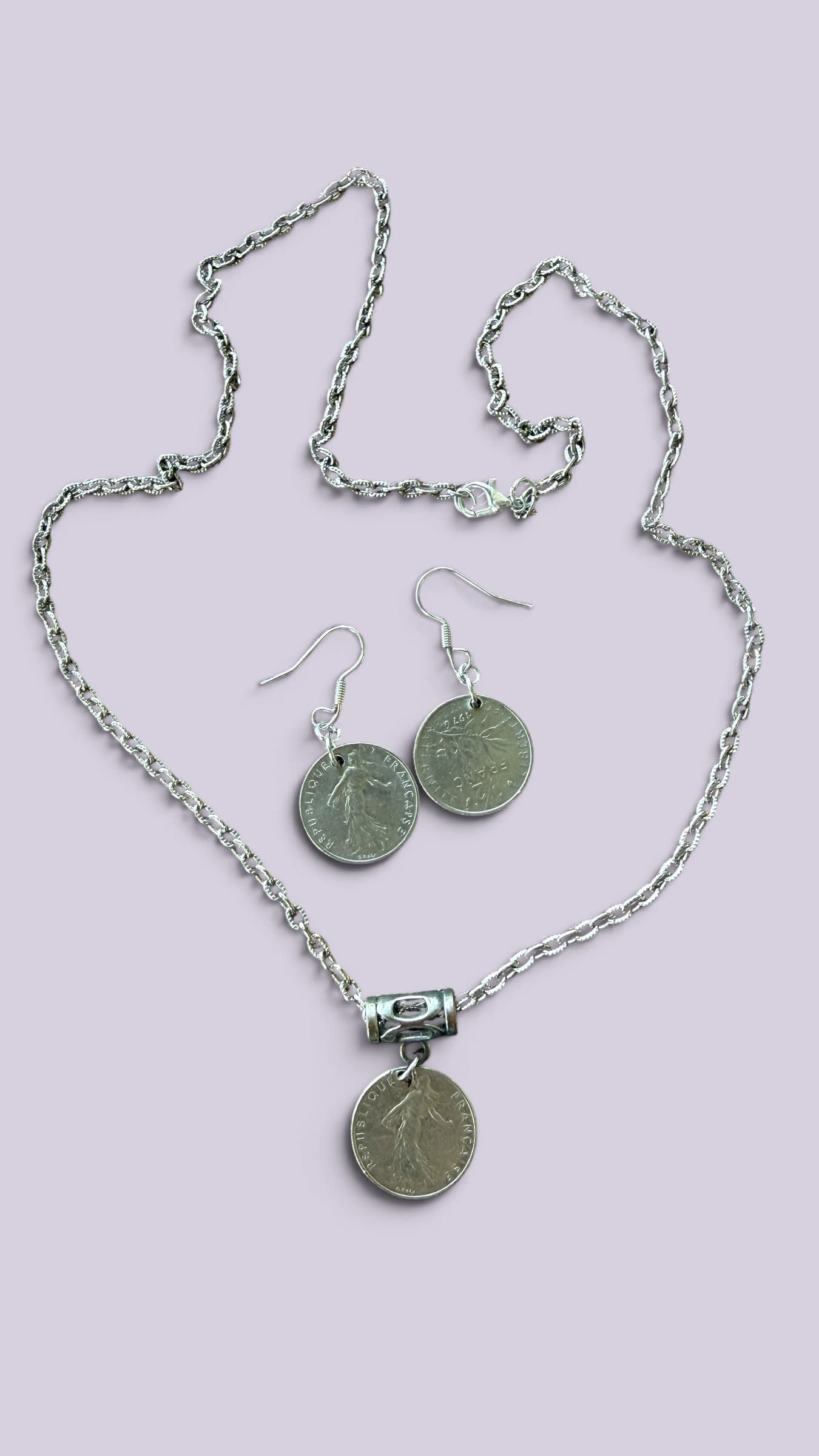 French Coin Necklace & Earrings Set - Silver Tone